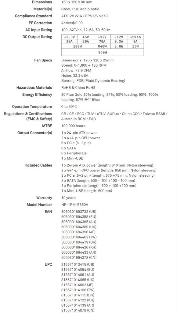 NZXT E850 Spec Sheet