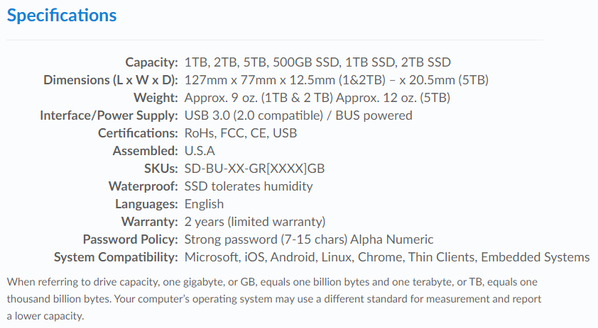 SECUREDRIVE Backup 1TB HDD Specifications