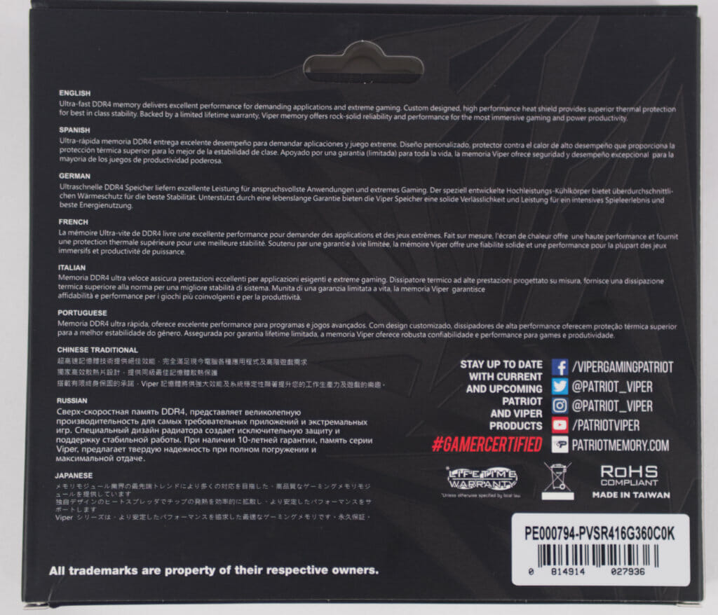 Patriot Viper Steel RGB 3600MHz DDR4 Memory Review 3 Patriot Viper Steel RGB 3600Mhz DDR4 back of