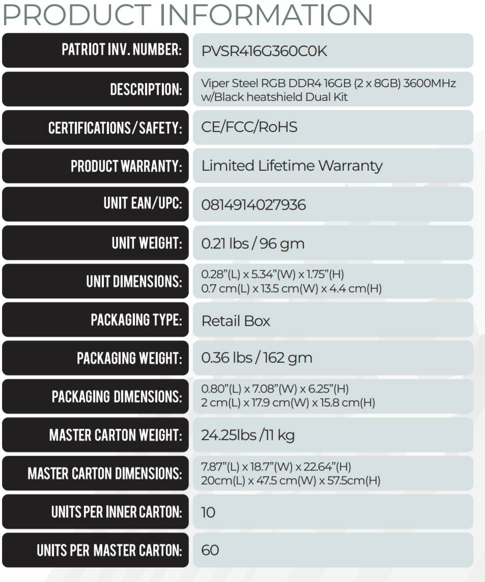 Patriot Viper Steel RGB 3600MHz DDR4 Memory Review 1 steel rgb product specs
