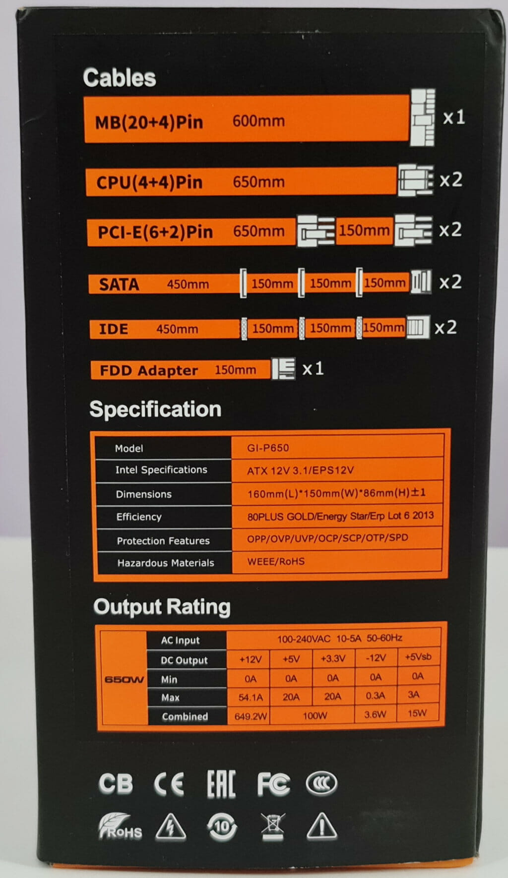 PCCOOLER GI P 650W 7D RGB PSU REVIEW box side