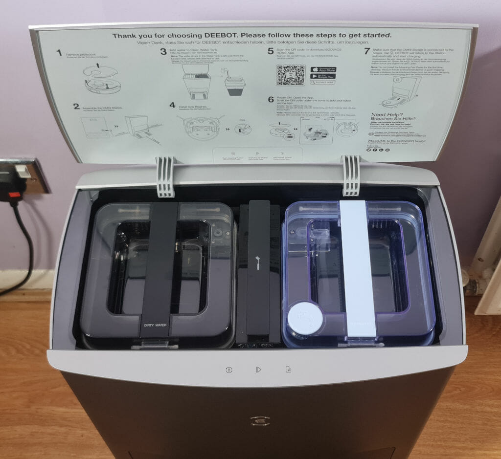 ECOVACS DEEBOT X1 OMNI station open showing water tanks