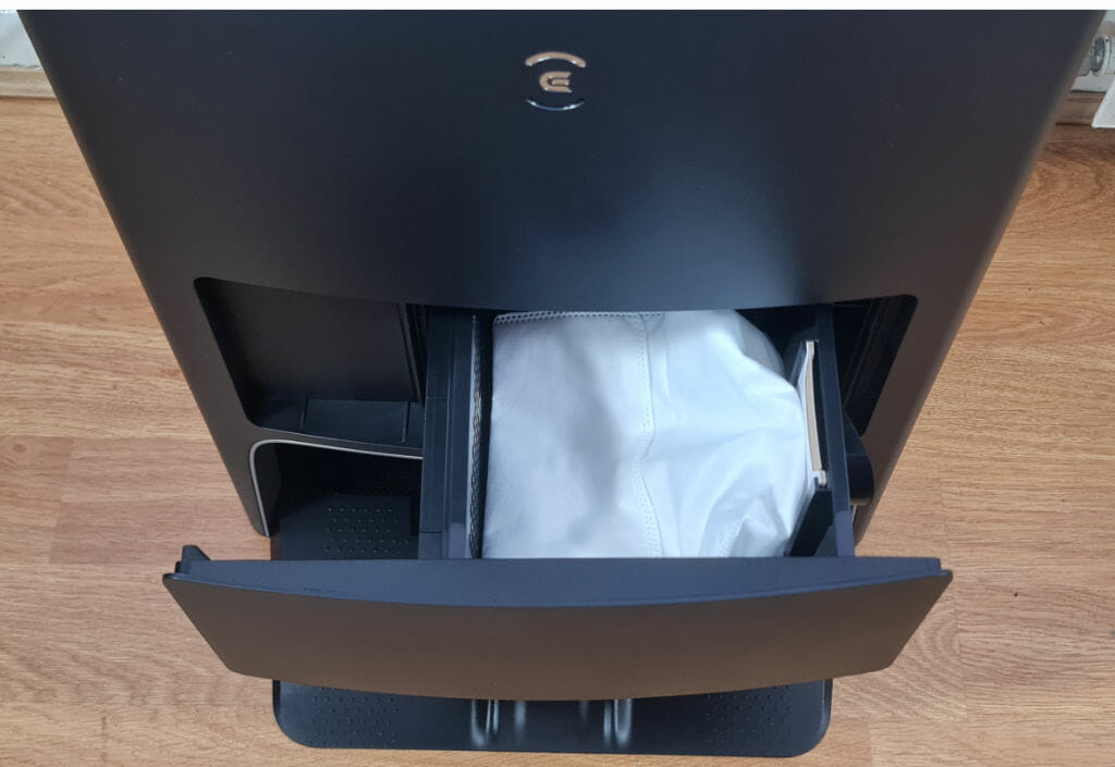 ECOVACS DEEBOT X1 OMNI station with dust compartment open
