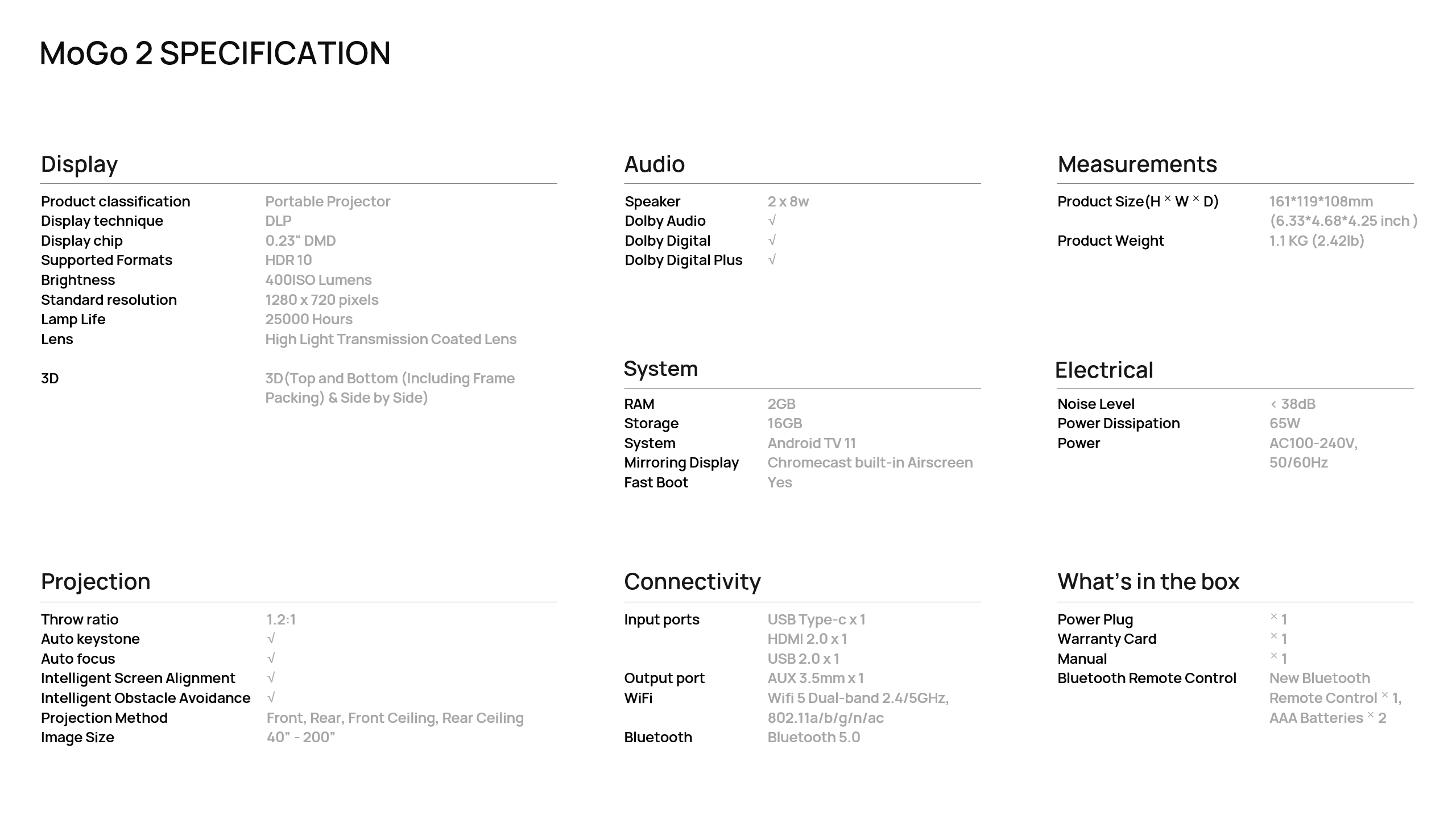 MoGo 2 specs