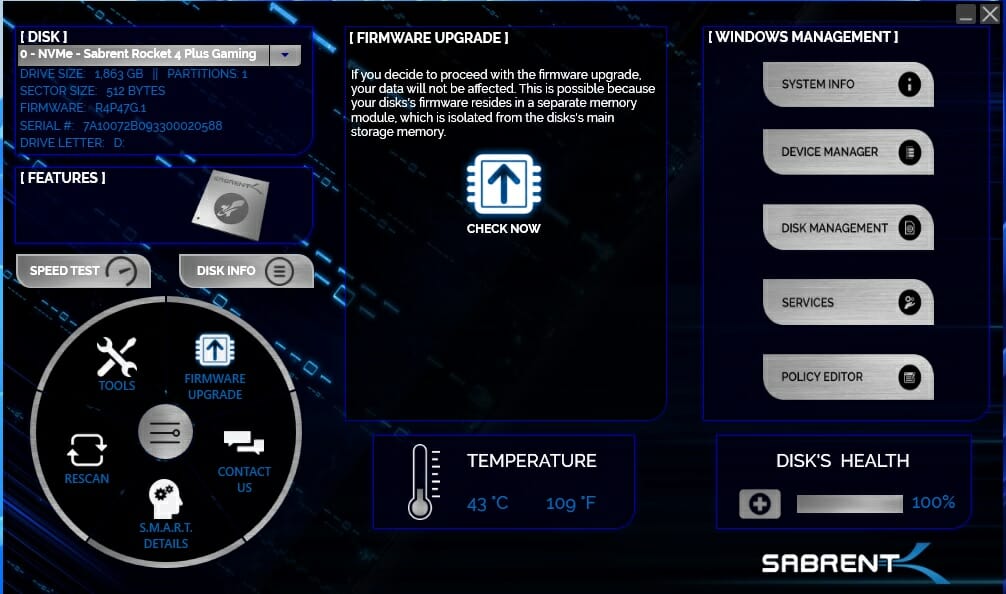 Sabrent Rocket 4 Plus G 2TB Control Center 1