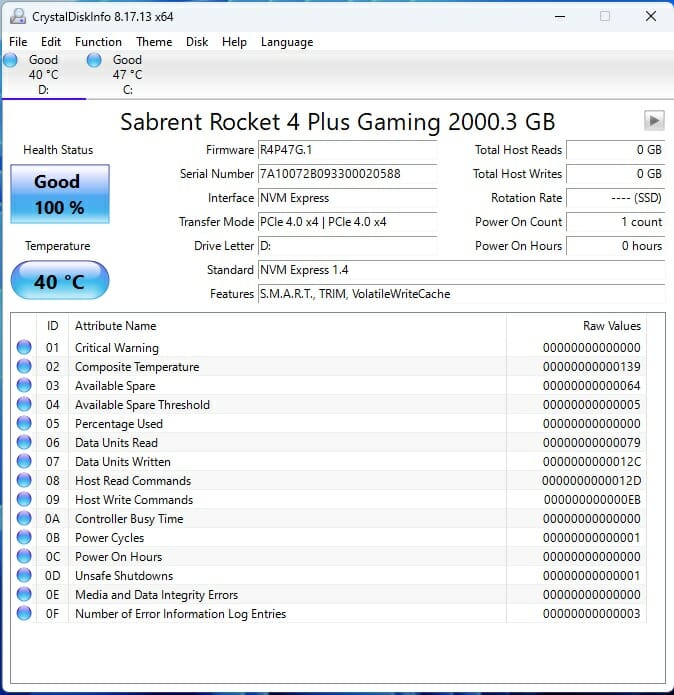 Sabrent Rocket 4 Plus G 2TB CrystalDiskInfo
