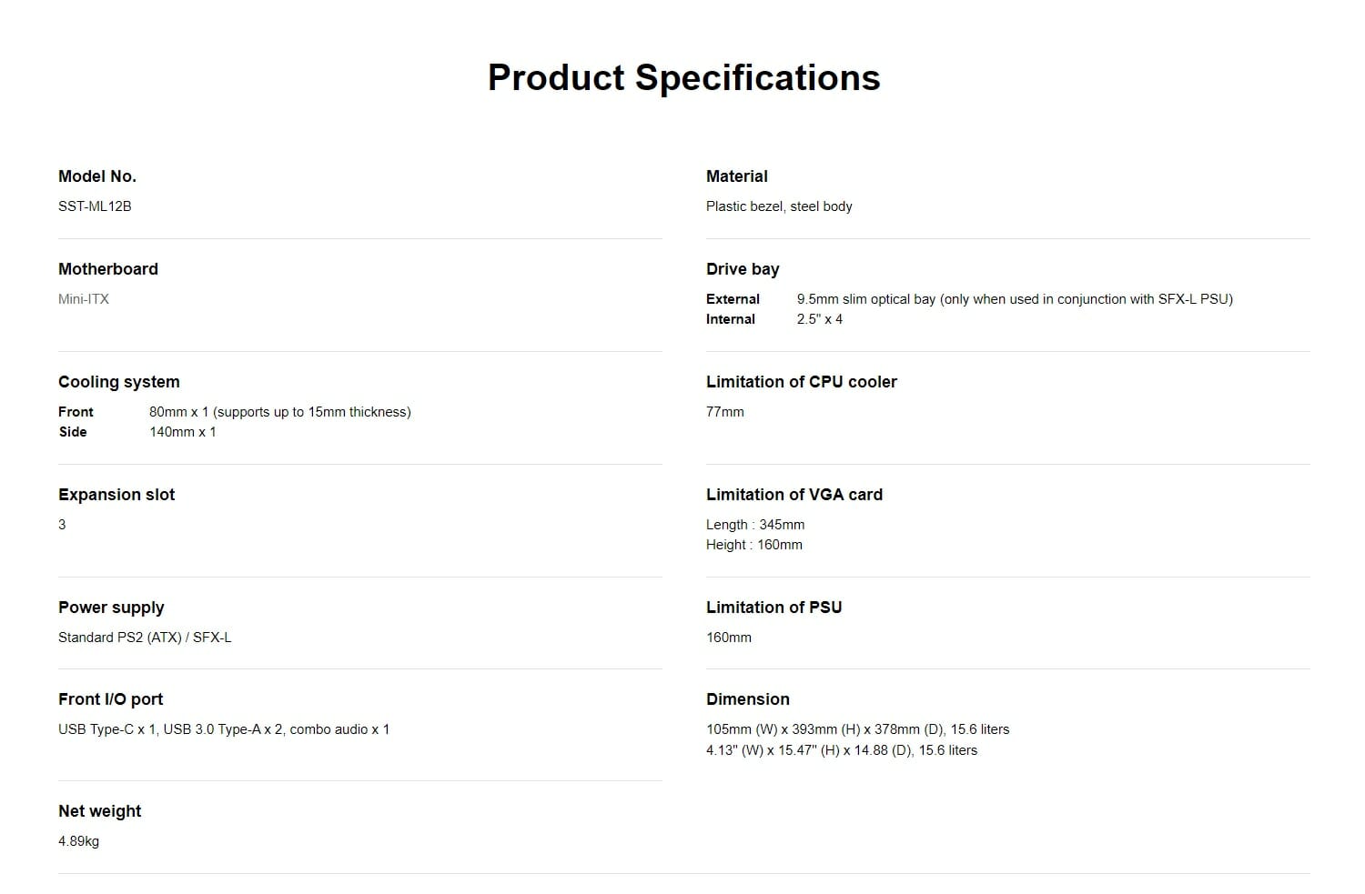 SilverStone Milo 12 Specifications