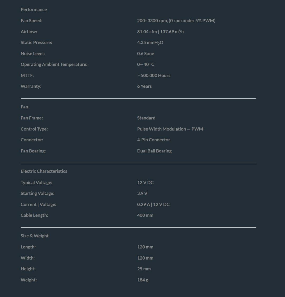 ARCTIC P12 Max Specifications