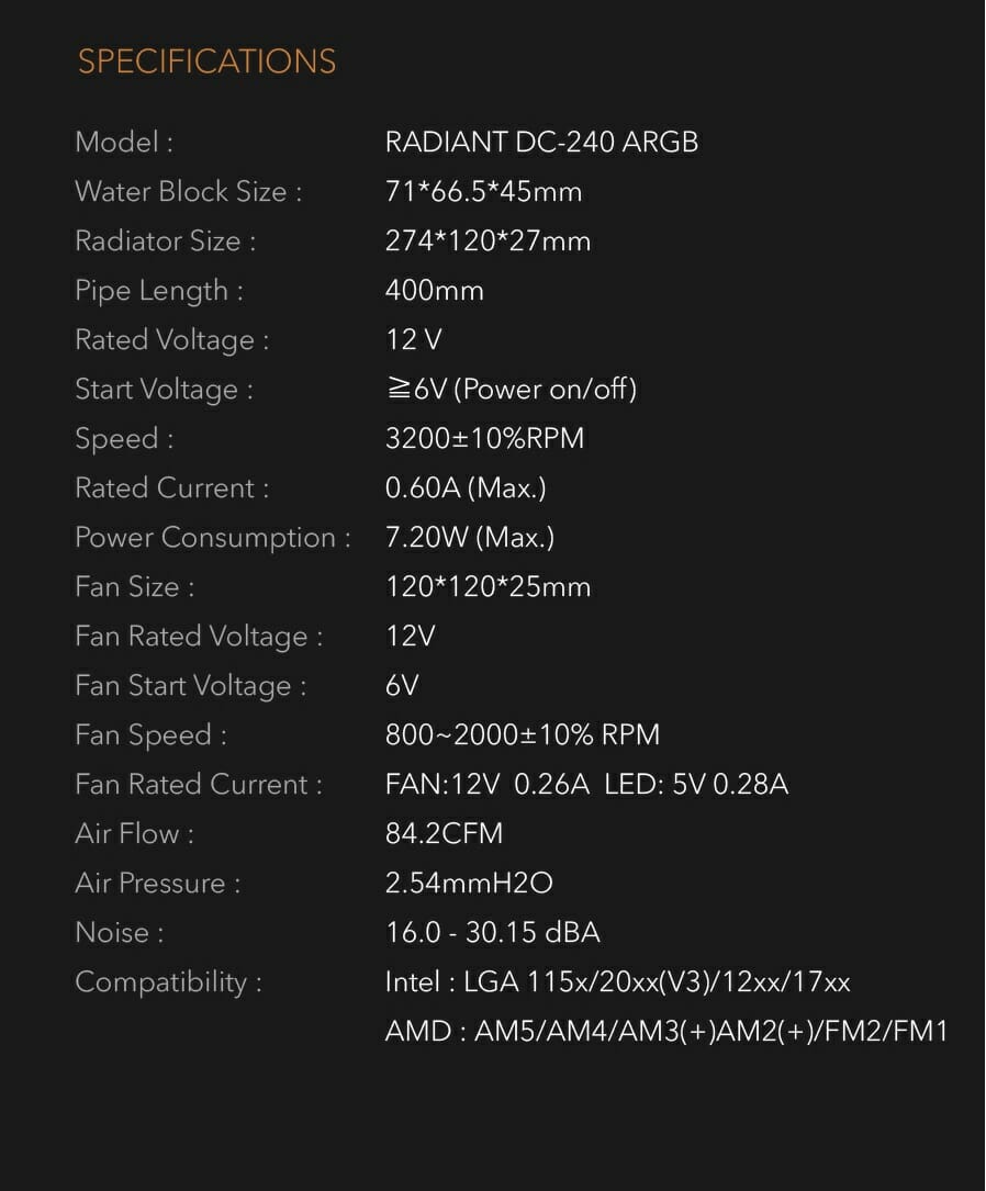 DarkFlash Radiant DC 240 ARGB Specifications
