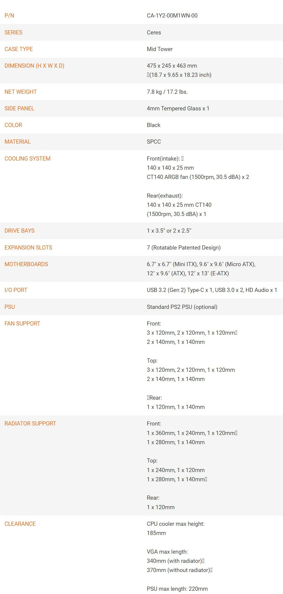 Thermaltake Ceres 300 TG ARGB PC Case specifications 