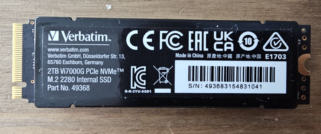 Verbatim Vi7000G PCIe NVMe 2TB SSD heatink back