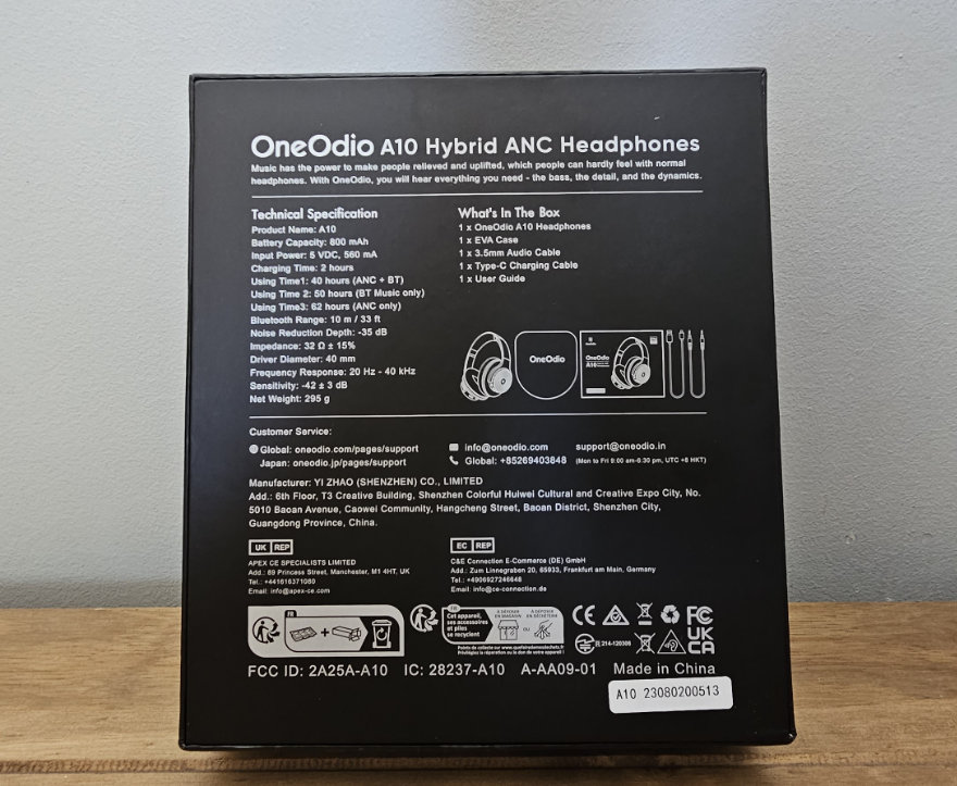 OneOdio A10 Hybrid ANC Wireless Headphones box back