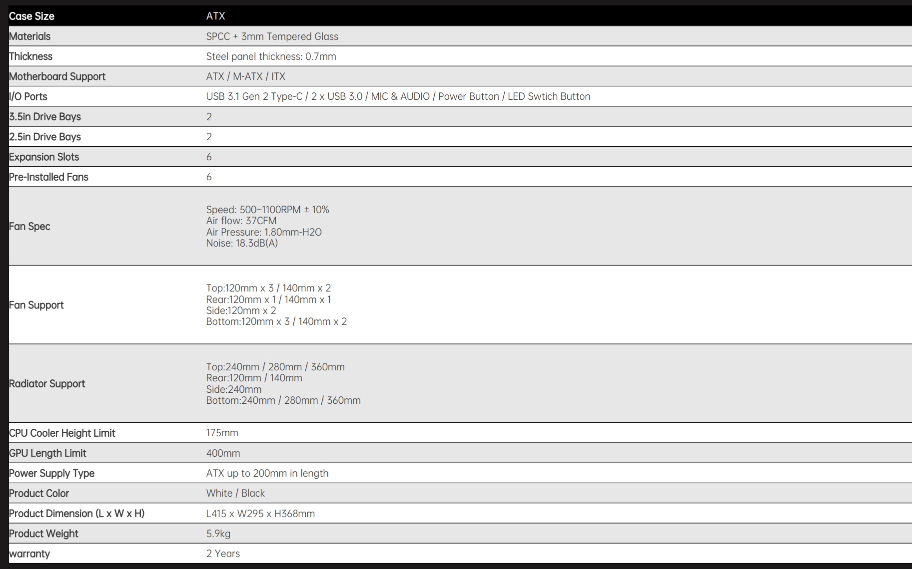 PCCOOLER C3 T500 Specifcations