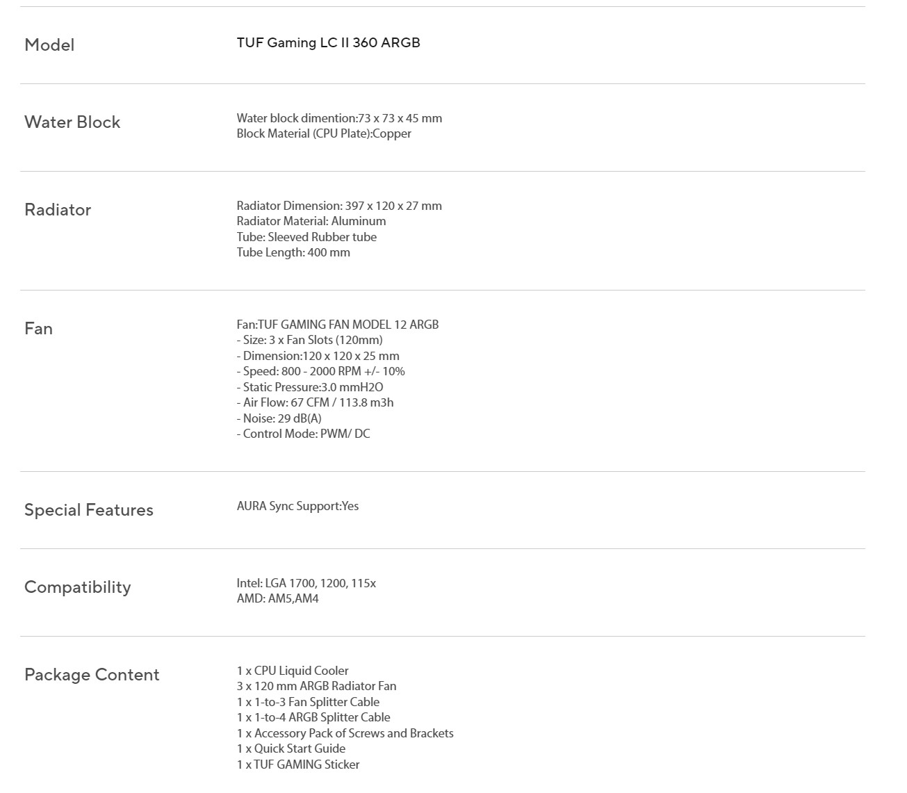 Asus TUF Gaming LC II 360 ARGB Specifications