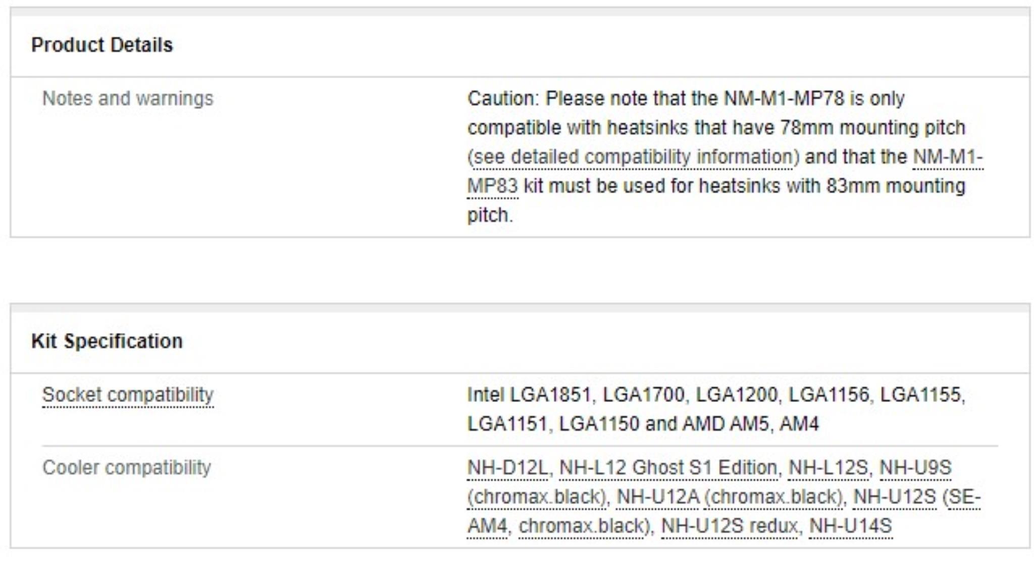 Noctua NM MM1 MP78 Specifications