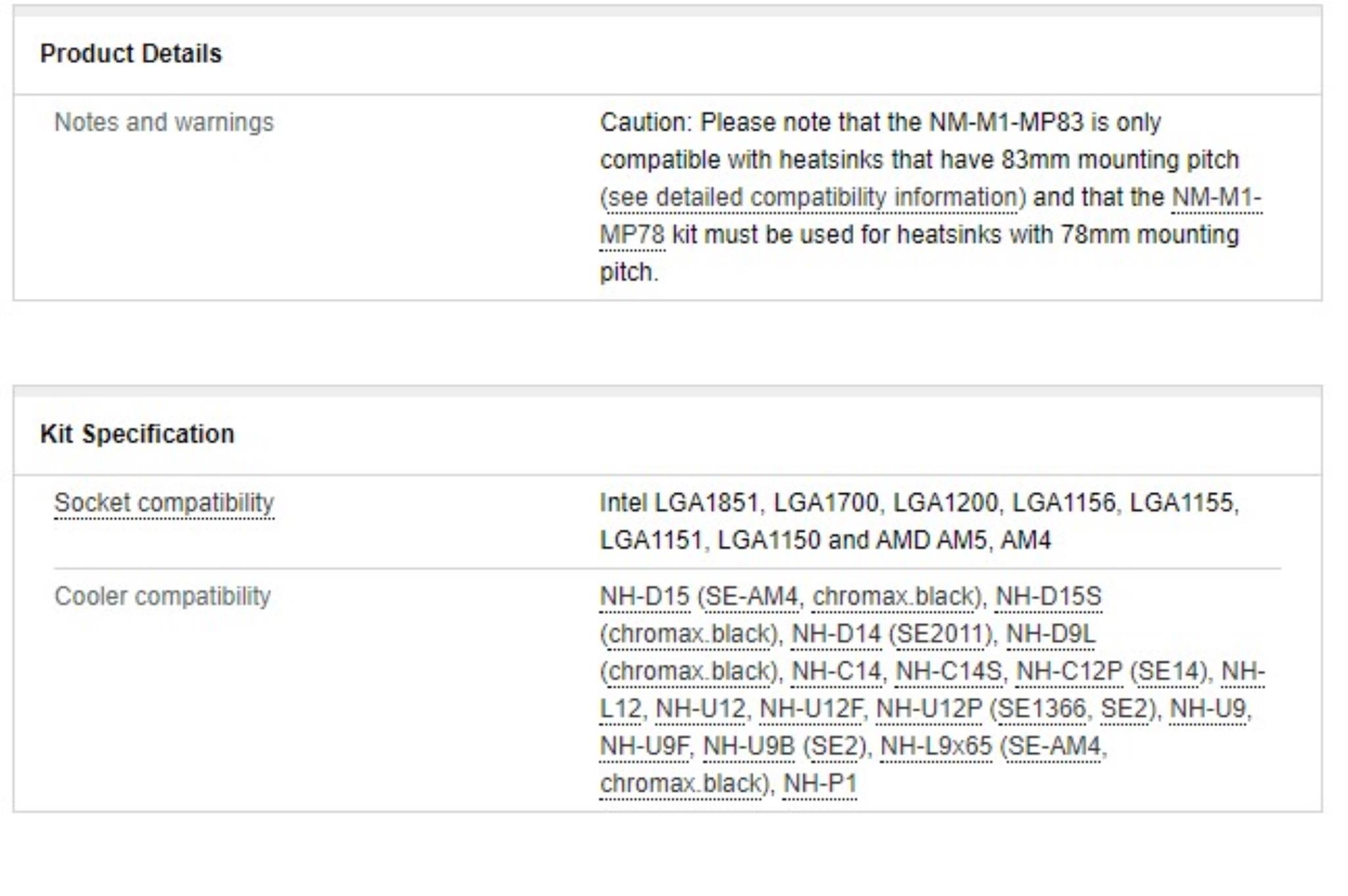 Noctua NM MM1 MP83 Specifications