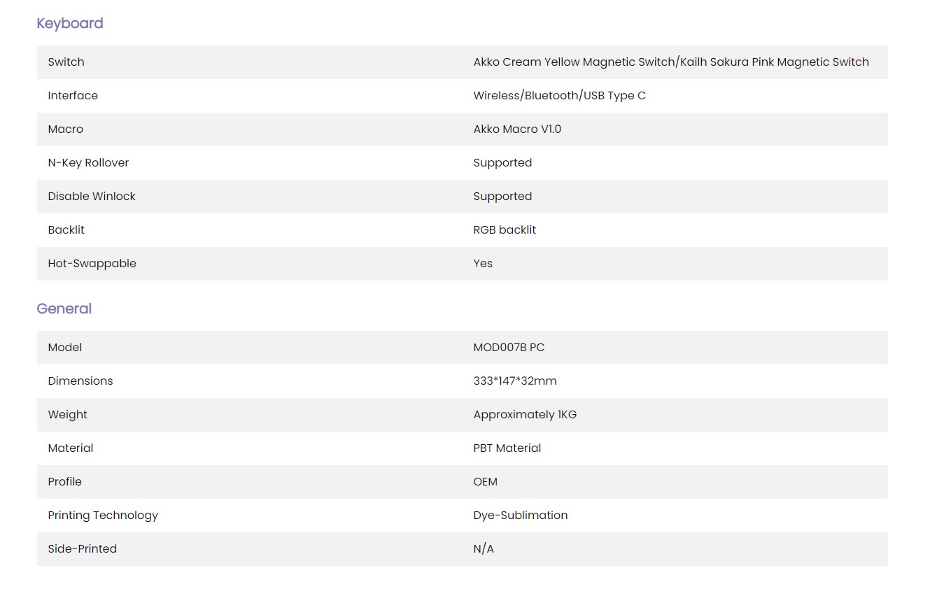 AKKO MOD007B PC HE Tokyo Specifications