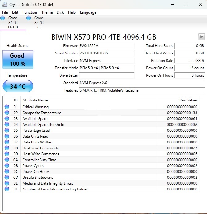 Biwin X570 Pro 4TB NVMe SSD Review: Fastest Ever We have Tested 10 Biwin X570 Pro 4TB NVMe SSD Crystal Disk Info Run