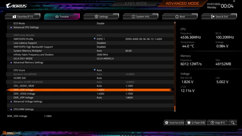 Biwin HX100 Silver 48GB DDR5 6000MHz CL28 Kit Review 12 Biwin HX100 48GB DDR5 6000MHz CL28 kit BIOS 4