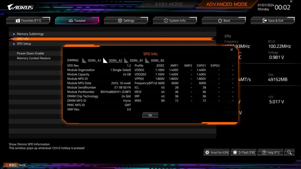 Biwin HX100 Silver 48GB DDR5 6000MHz CL28 Kit Review 13 Biwin HX100 48GB DDR5 6000MHz CL28 kit BIOS 5