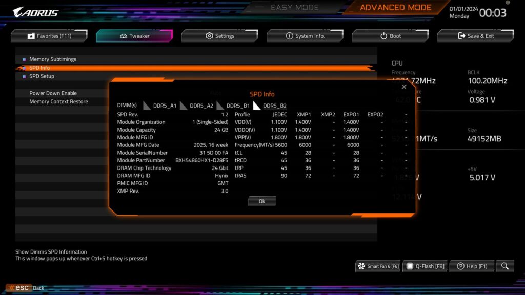 Biwin HX100 Silver 48GB DDR5 6000MHz CL28 Kit Review 14 Biwin HX100 48GB DDR5 6000MHz CL28 kit BIOS 6