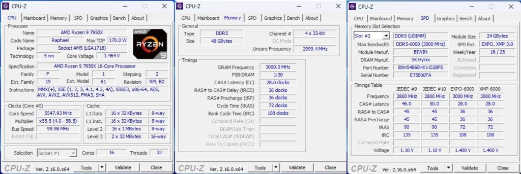 Biwin HX100 Silver 48GB DDR5 6000MHz CL28 Kit Review 15 Biwin HX100 48GB DDR5 6000MHz CL28 kit CPU Z