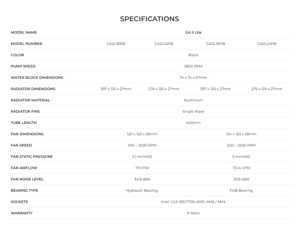 Lian Li GA-II Lite 360 Performance: An All rounder Liquid Cooler 1 Lian Li GA II Lite 360 Performance Specs