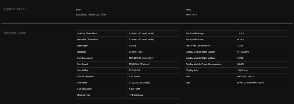 DeepCool AK700 Digital NYX: High-Performance in Small Form 1 DeepCool AK700 Digital NYX Specs