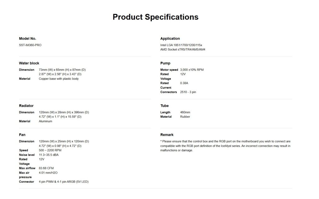 SilverStone IceMyst 360 Pro: A Powerful Cooling Solution 1 IceMyst 360 Pro product specifications list