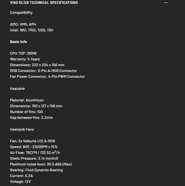 Valkyrie VIND DL125 Specs