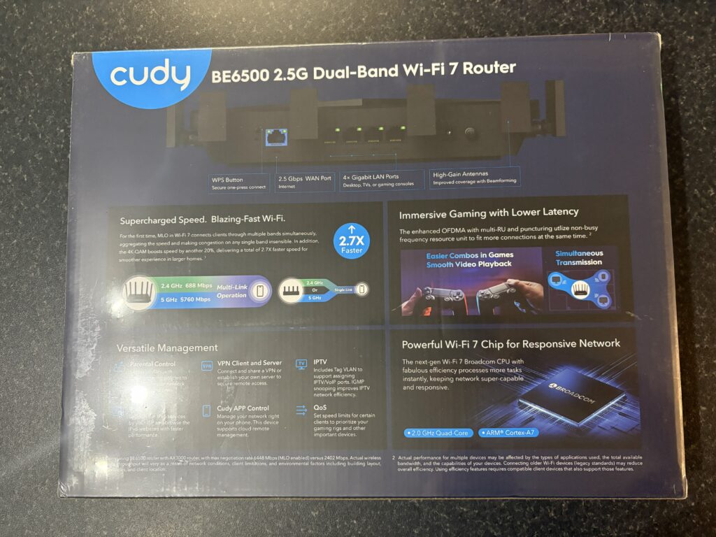 Cudy BE6500 2.5G Dual Band WiFi 7 Router Review. A great little powerful router, suitable for home or office. 3 Back of box jpg