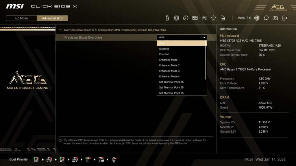 MSI MEG X870E ACE MAX - A Power Horse Unleashed 65 MSI X870E ACE MAX BIOS PBO Settings